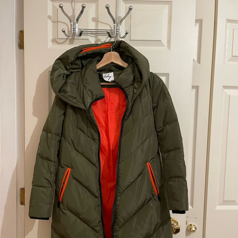 2/$60 final sale Olive Puffer Coat with Bright Orange Lining